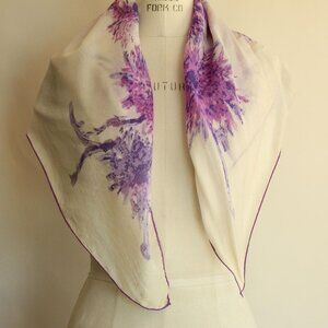 Vintage 1950s Scarf, Square Purple and White Floral Print Headscarf